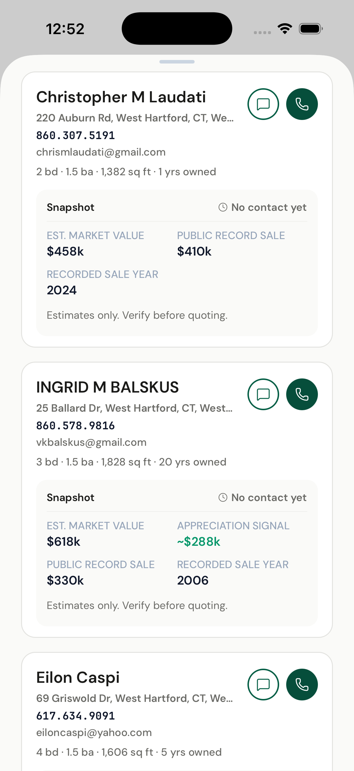 Harvest homeowner cards with property context, contact actions, and value signals