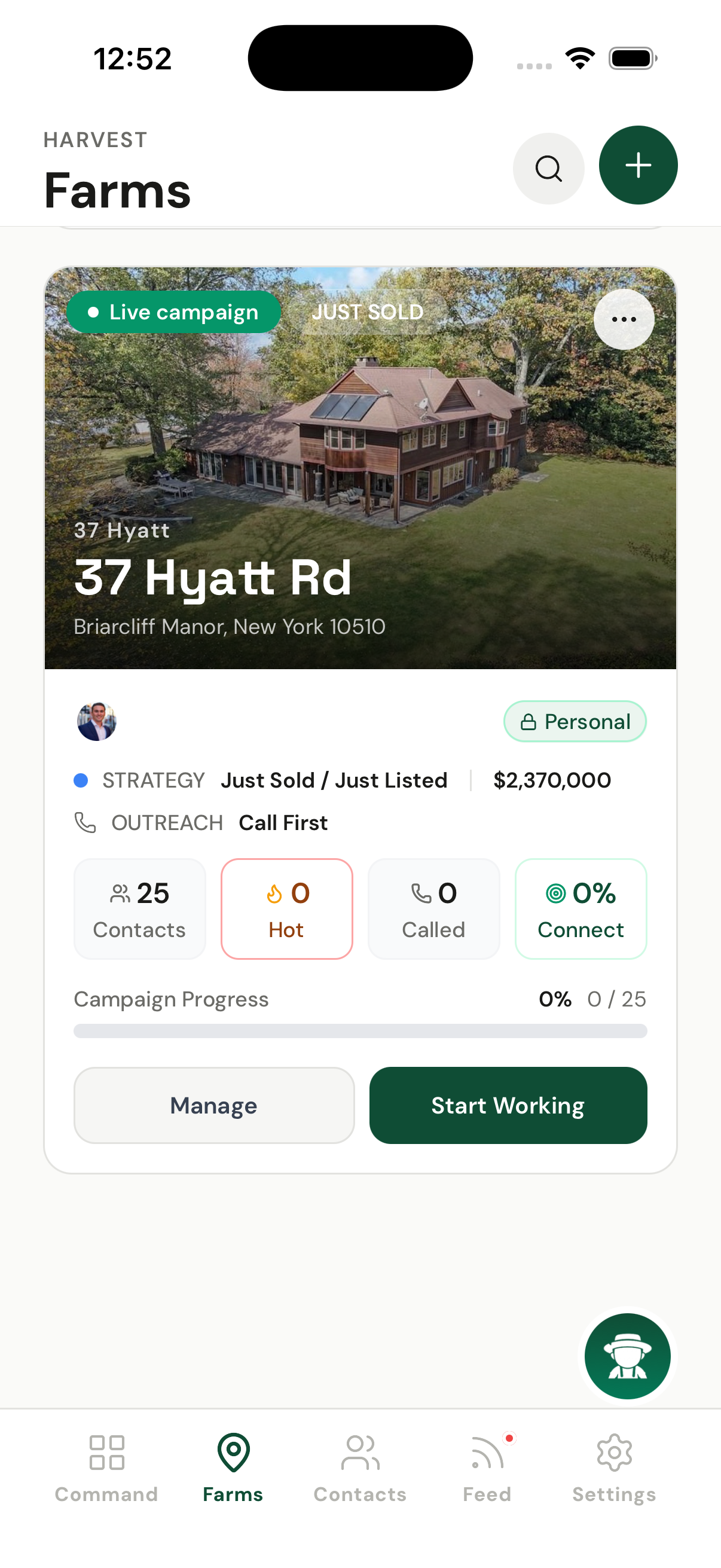 Harvest Farms screen showing a new listing campaign ready to start working
