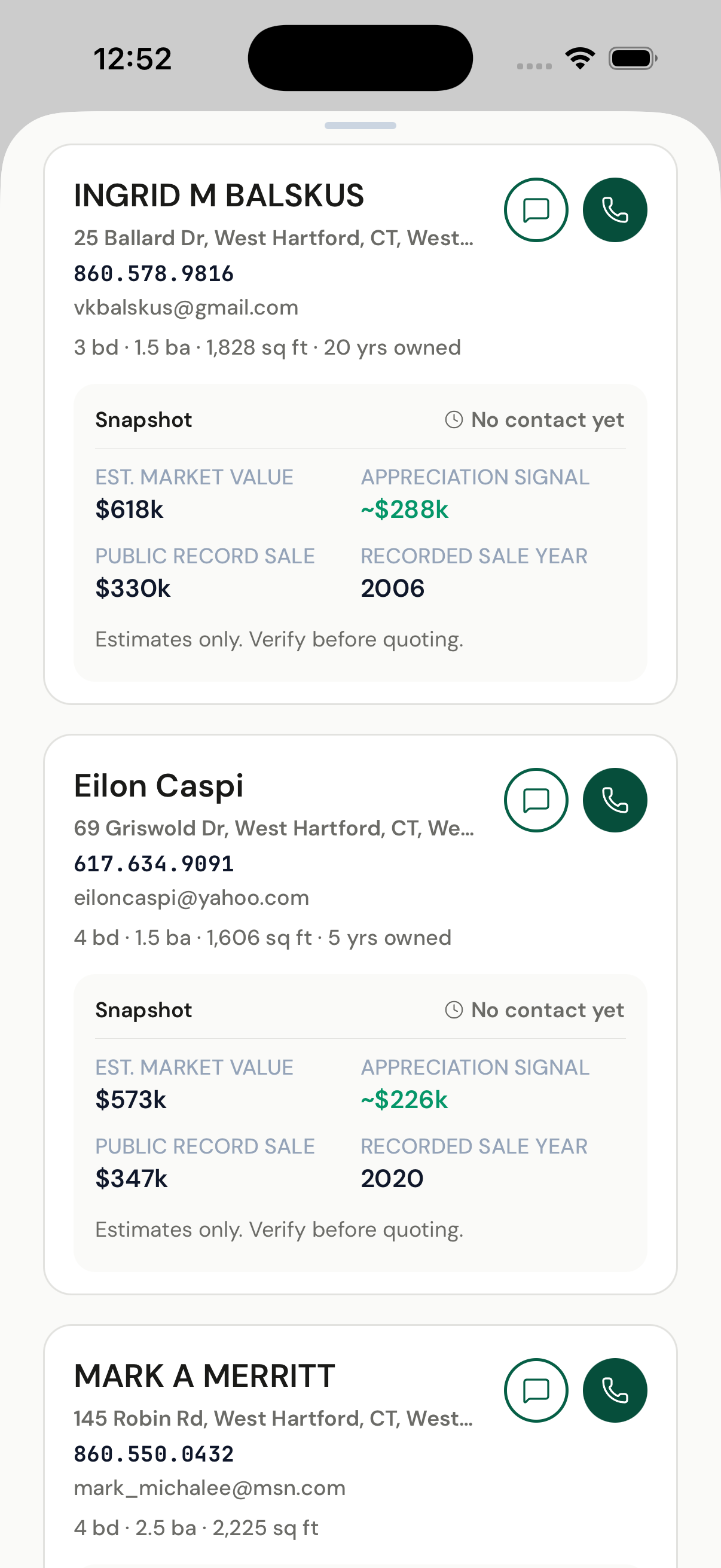 Harvest farm queue showing nearby homeowners with property details and contact options