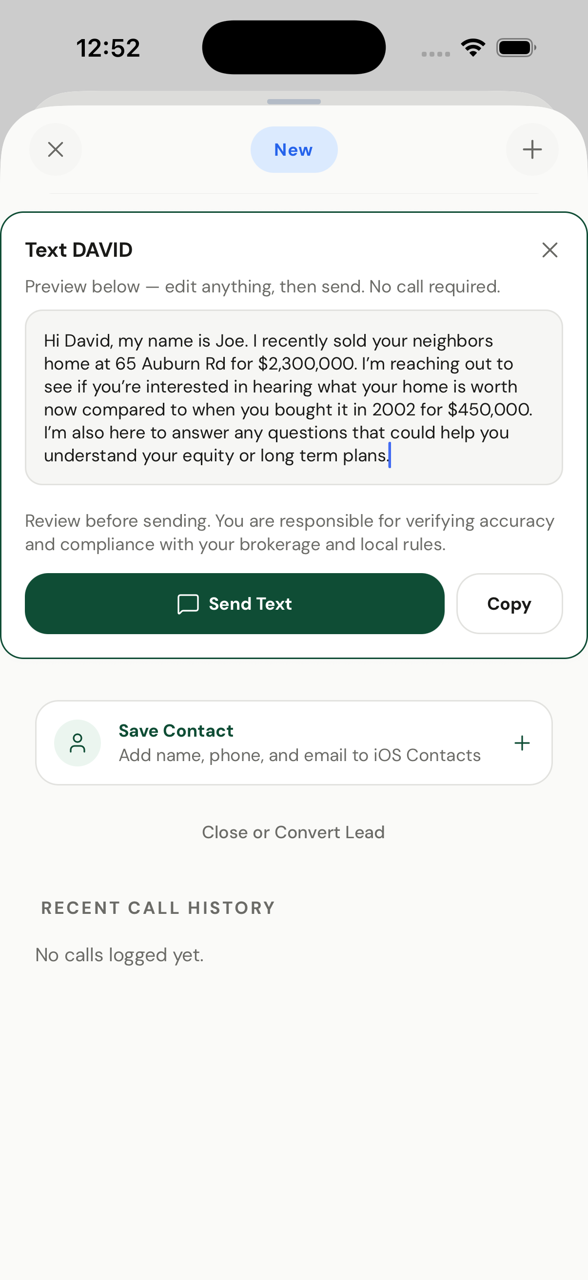 Harvest AI-generated text message composer for a homeowner