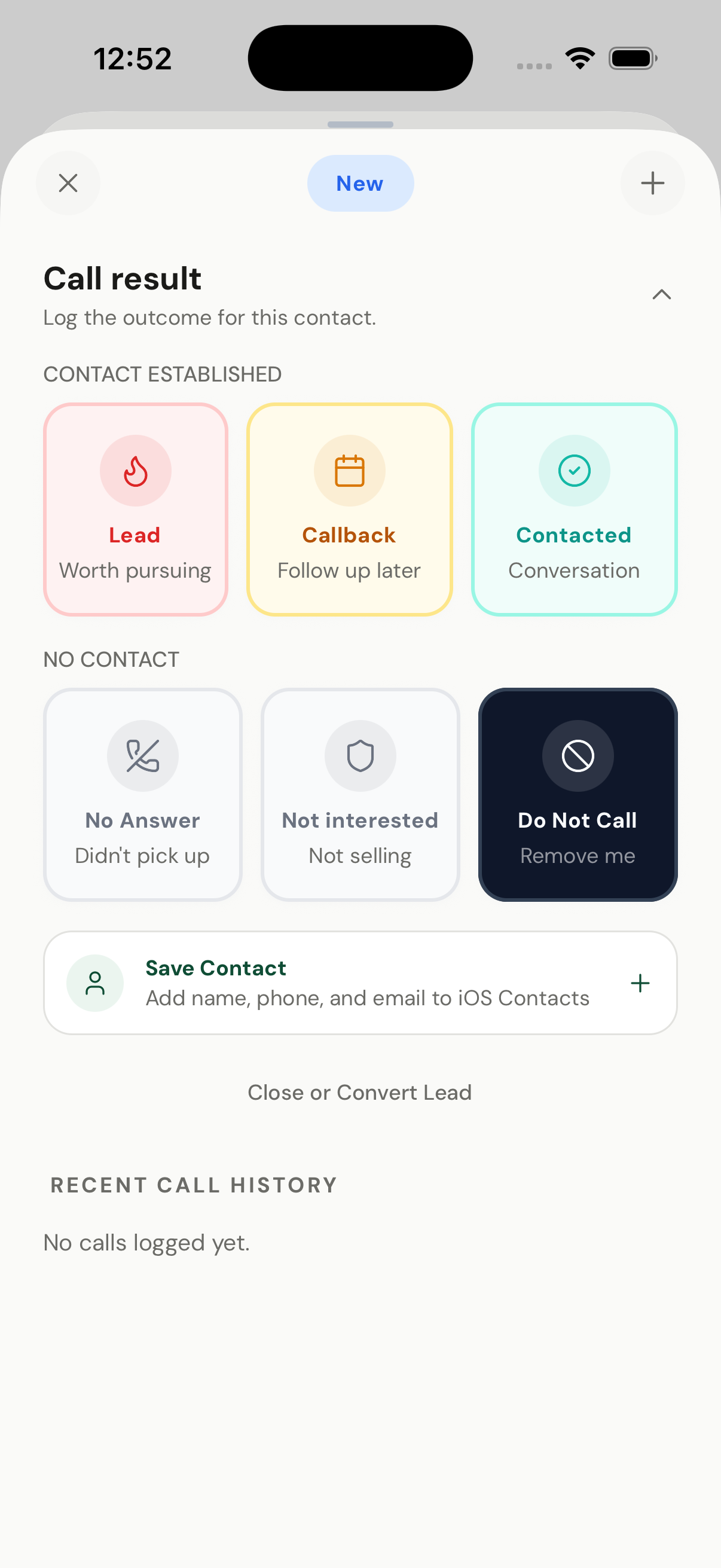 Harvest call result screen for logging lead, callback, contacted, no answer, and other outcomes