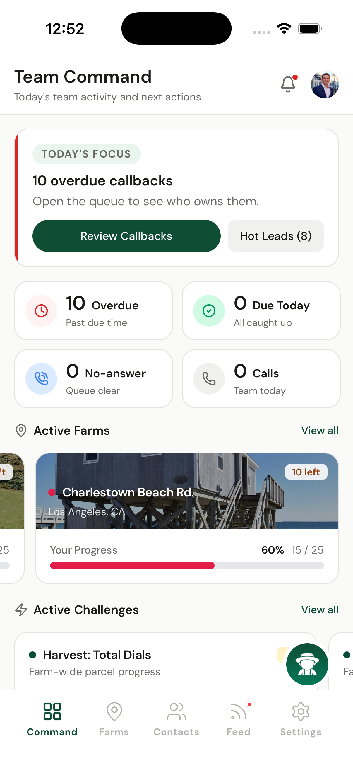 Harvest Command Center showing overdue callbacks, reminders, active farms, and next actions